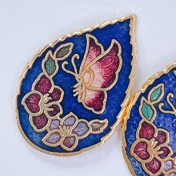VTG Cloisonne Butterfly Floral Stud Earrings Red Blue Enamel Gold Tone Colorful - Picture 3 of 9